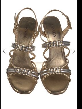 Prada Gold and Silver Strappy Braided Slingback Heels